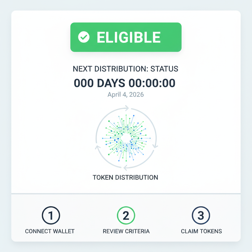 airdrop eligibility status screen, green approved badge, countdown to April 4 2026, token distribution graphic