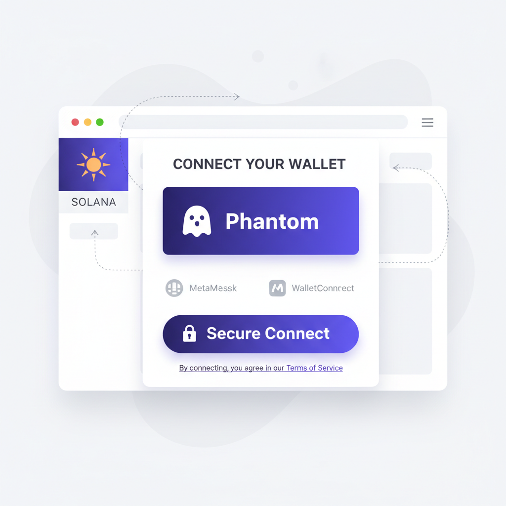 solana wallet connection interface on crypto site, phantom wallet popup, secure connect button, purple solana branding