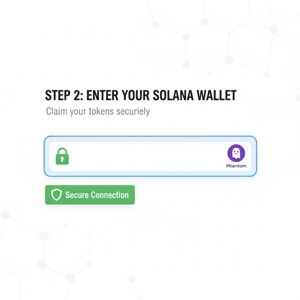 form field for solana wallet address input on airdrop site, phantom wallet icon nearby, secure connection theme