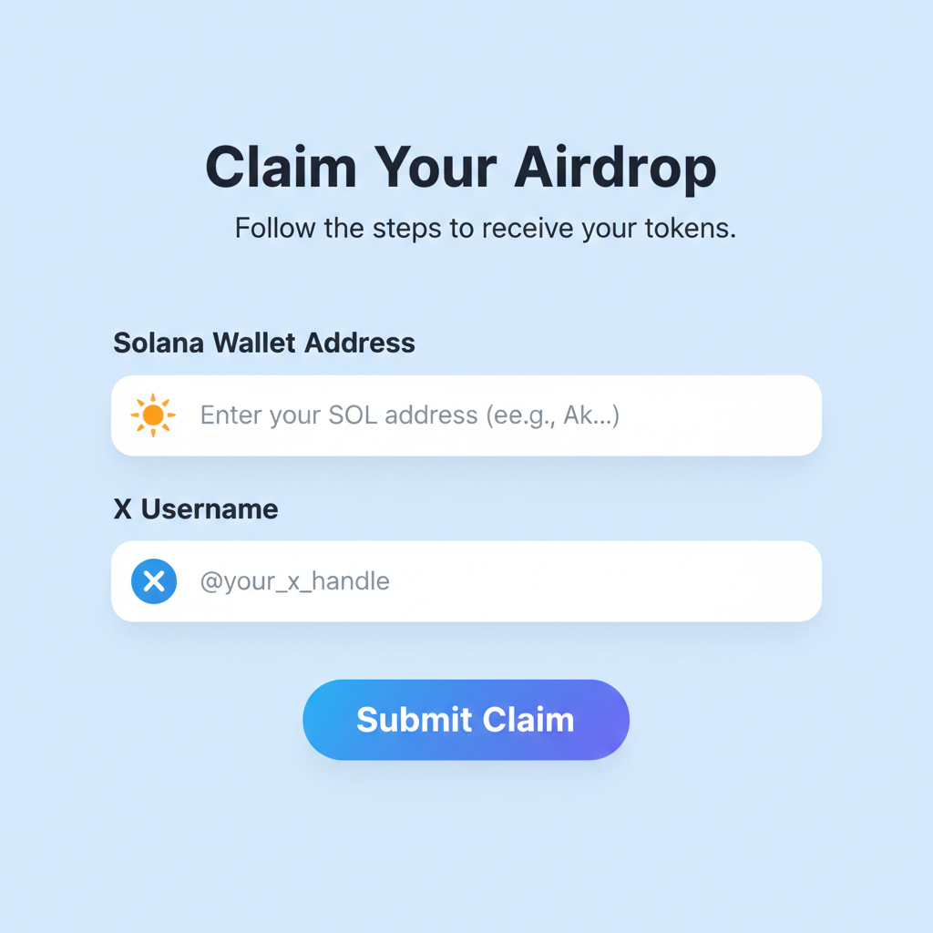form fields for solana wallet address and X username on airdrop page, submit button, clean UI