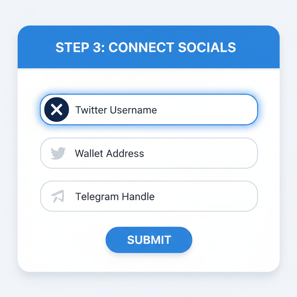 twitter username input field highlighted on crypto airdrop form, x logo integrated, simple UI