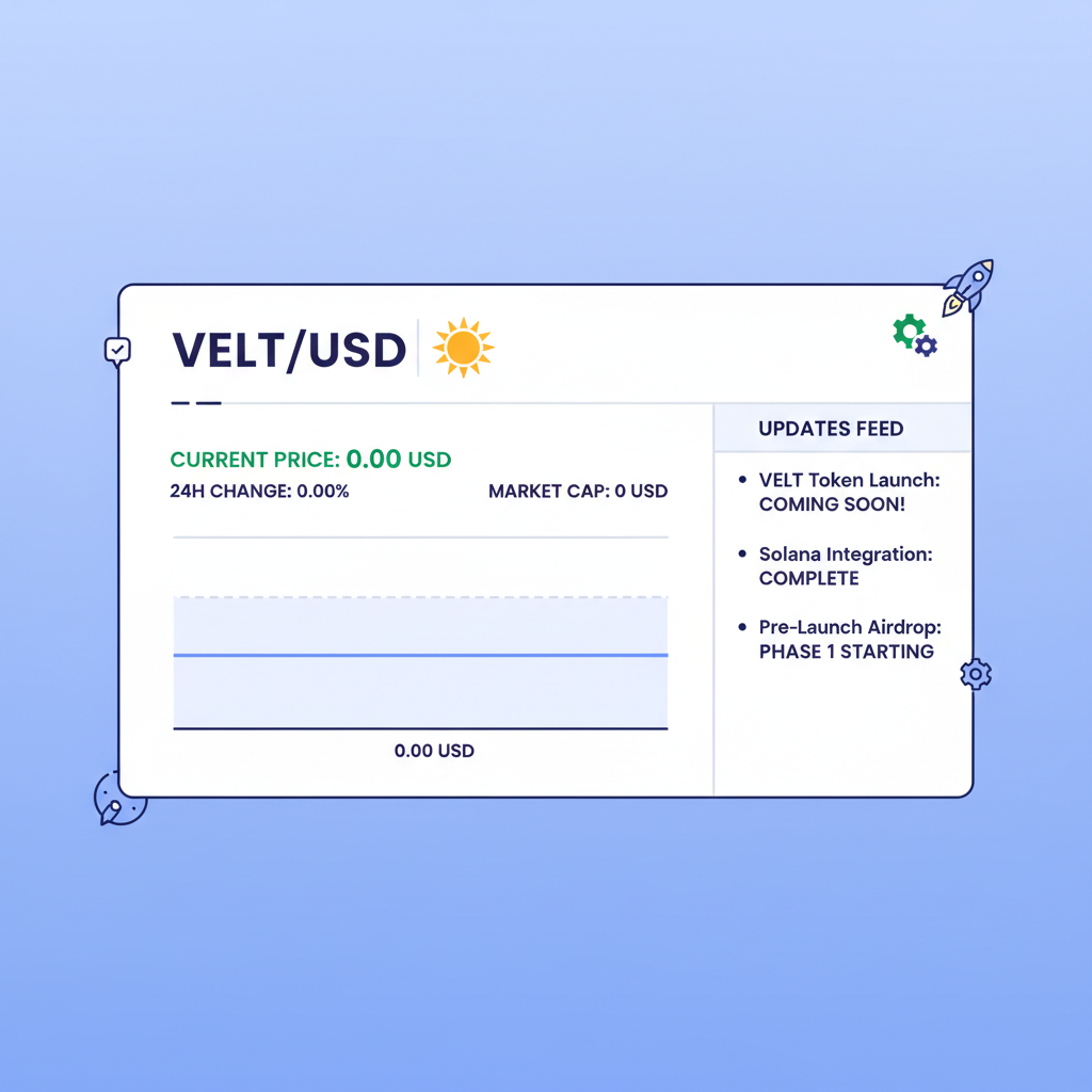 crypto price tracker chart for VELT token, solana network, dashboard with updates feed, zero price pre-launch