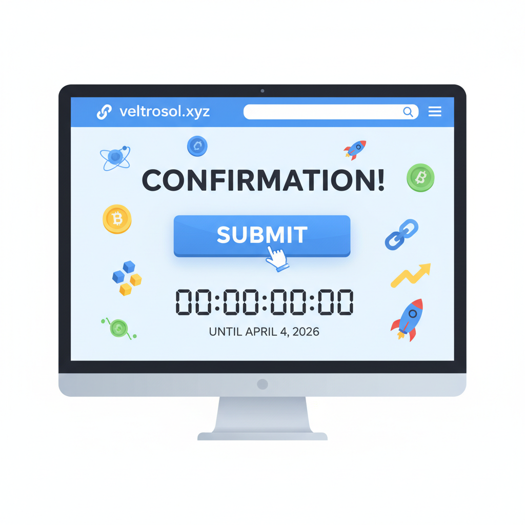 submit button pressed on veltrosol.xyz, confirmation screen, countdown timer to April 4 2026, celebratory crypto graphics