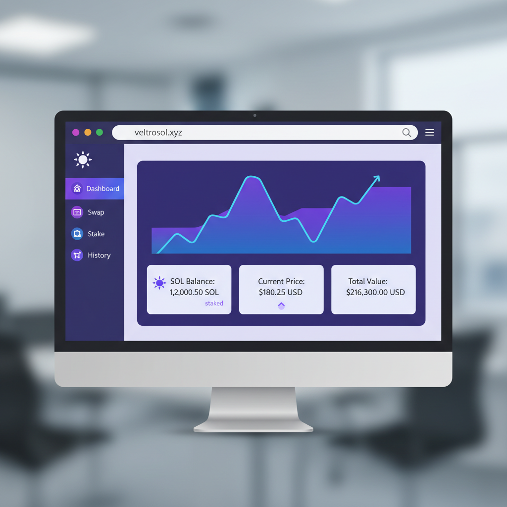 clean browser window open to veltrosol.xyz homepage, modern crypto dashboard interface, solana theme purple blue, simple professional
