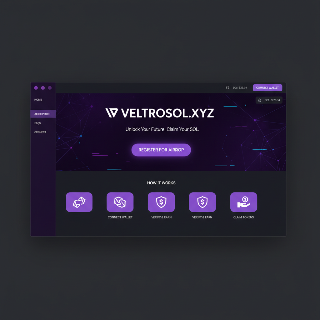 clean screenshot of veltrosol.xyz airdrop homepage, solana purple theme, register button prominent, crypto futuristic UI