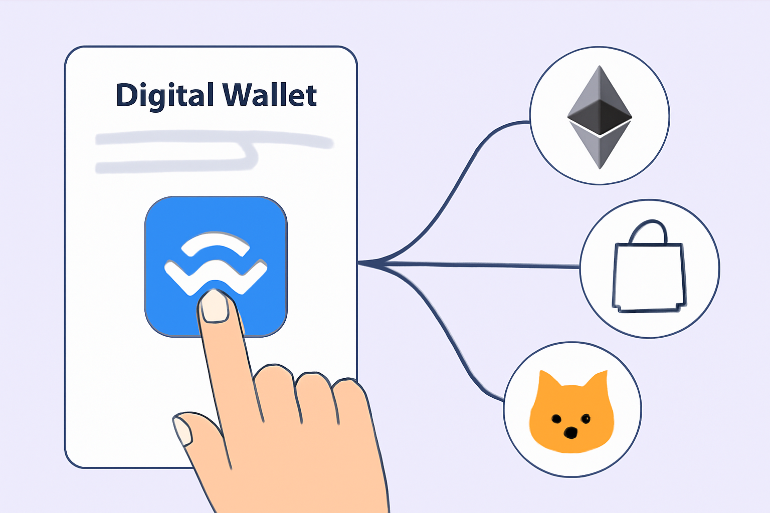 A hand tapping the WalletConnect icon inside a digital wallet app interface, with connection lines leading to dApp icons.