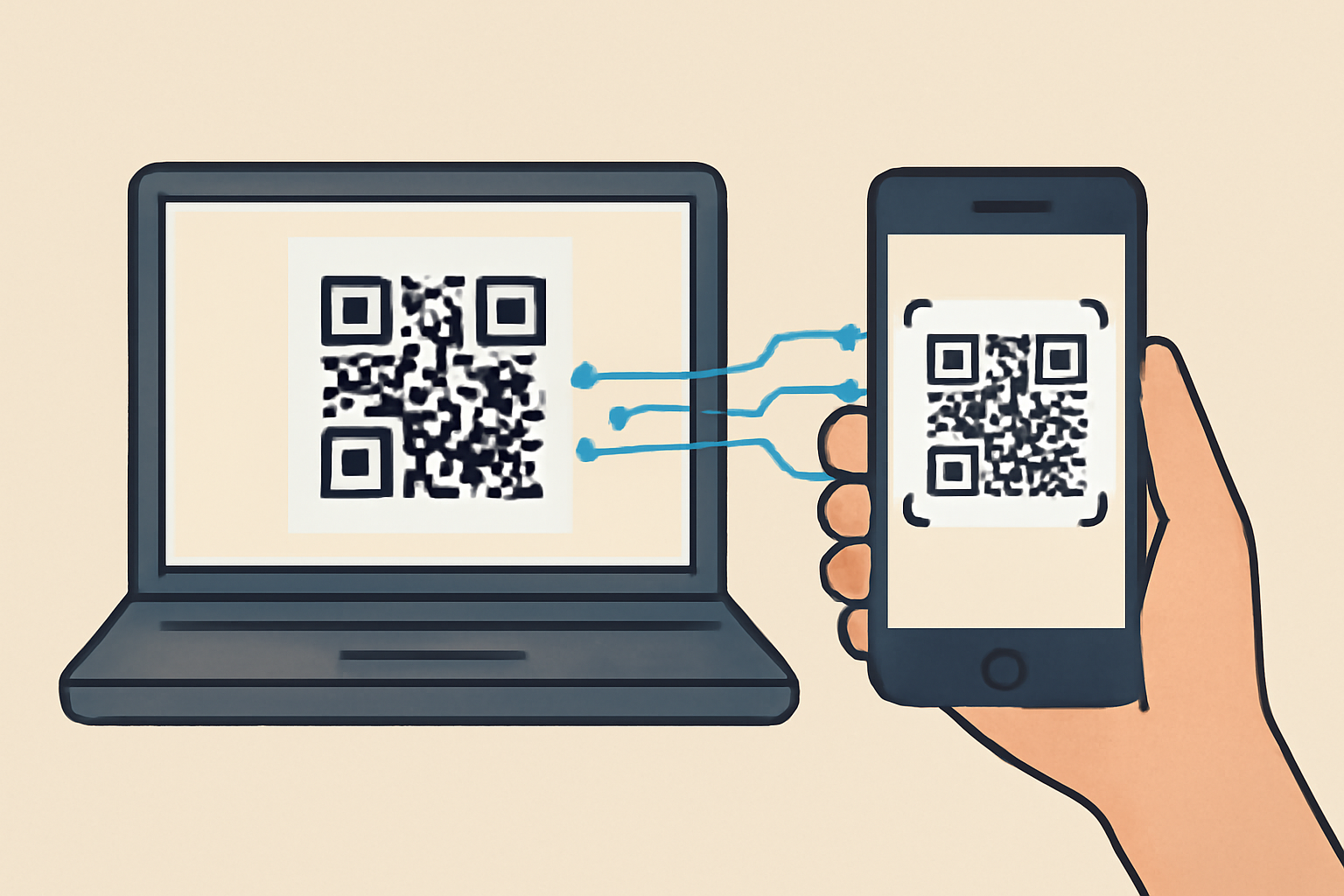 A smartphone camera scanning a QR code on a laptop screen, with digital connection lines forming between devices.