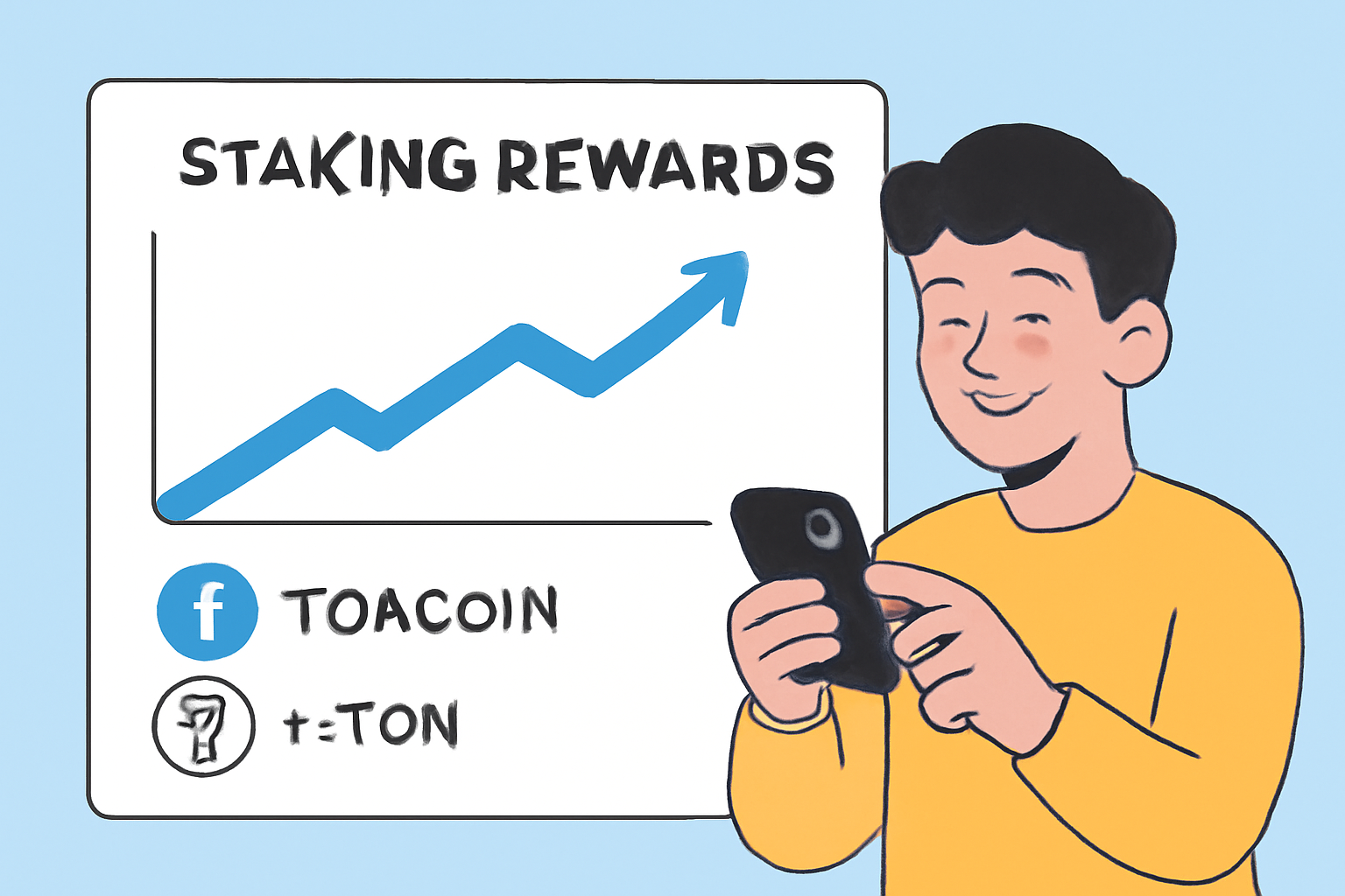 A dashboard screen showing staking rewards accumulating, with Toncoin and tsTON icons, and a cheerful user checking their phone.