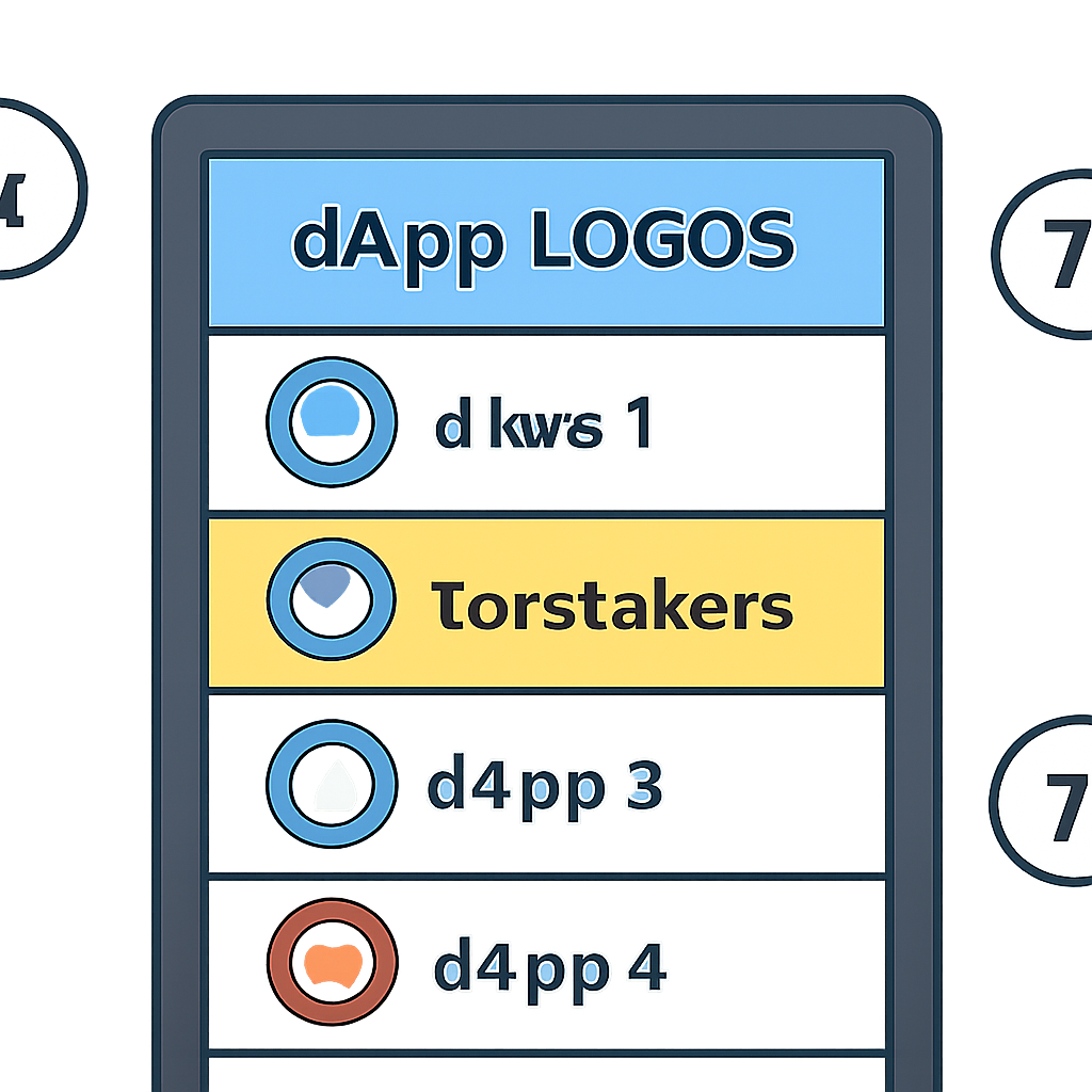 A list of dApp logos on a digital screen, with the Tonstakers logo highlighted, and Toncoin symbols floating around.