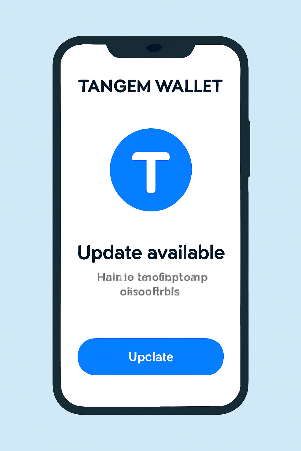 A smartphone displaying the Tangem Wallet app with a Toncoin logo, showing a prompt to update the app. Bright, modern, digital interface.