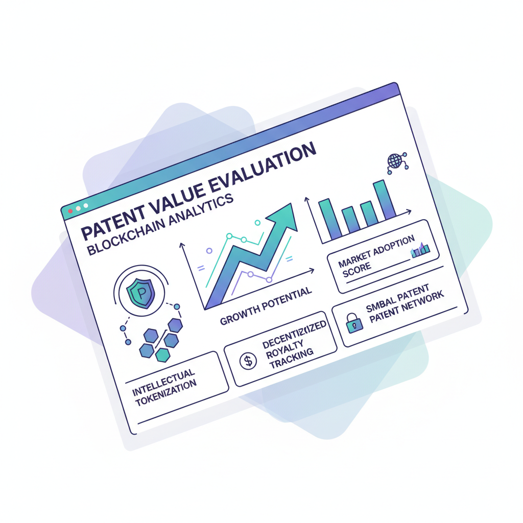 dynamic futuristic dashboard evaluating patent value with blockchain icons and graphs