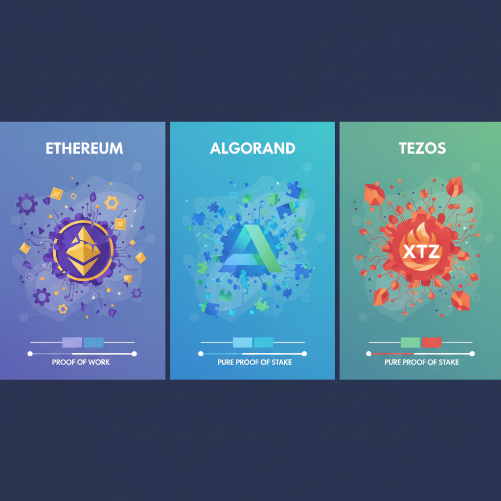 vibrant comparison of Ethereum, Algorand, Tezos blockchains with patent token icons exploding
