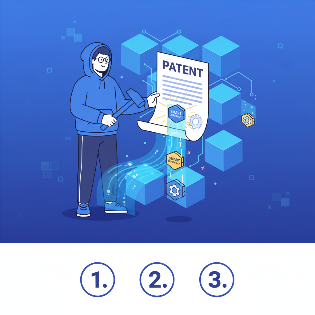 coder forging glowing smart contract tokens from a patent document on blockchain