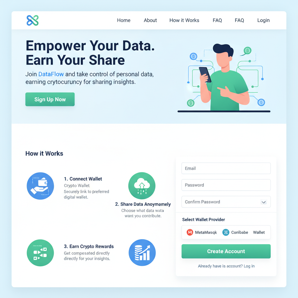 clean website signup page for data union platform, modern UI, crypto wallet integration, blue and green tones