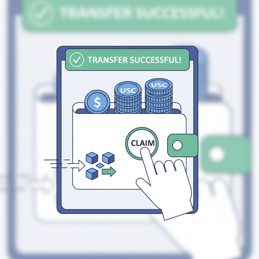 wallet receiving USDC tokens, claim button pressed, success notification, blockchain transfer animation