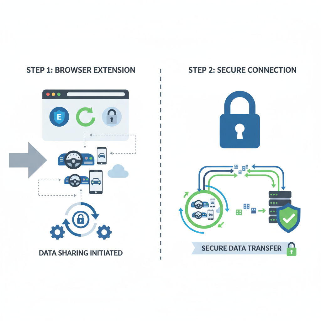 split image showing browser extension and car app icons, data sharing icons, secure lock symbols