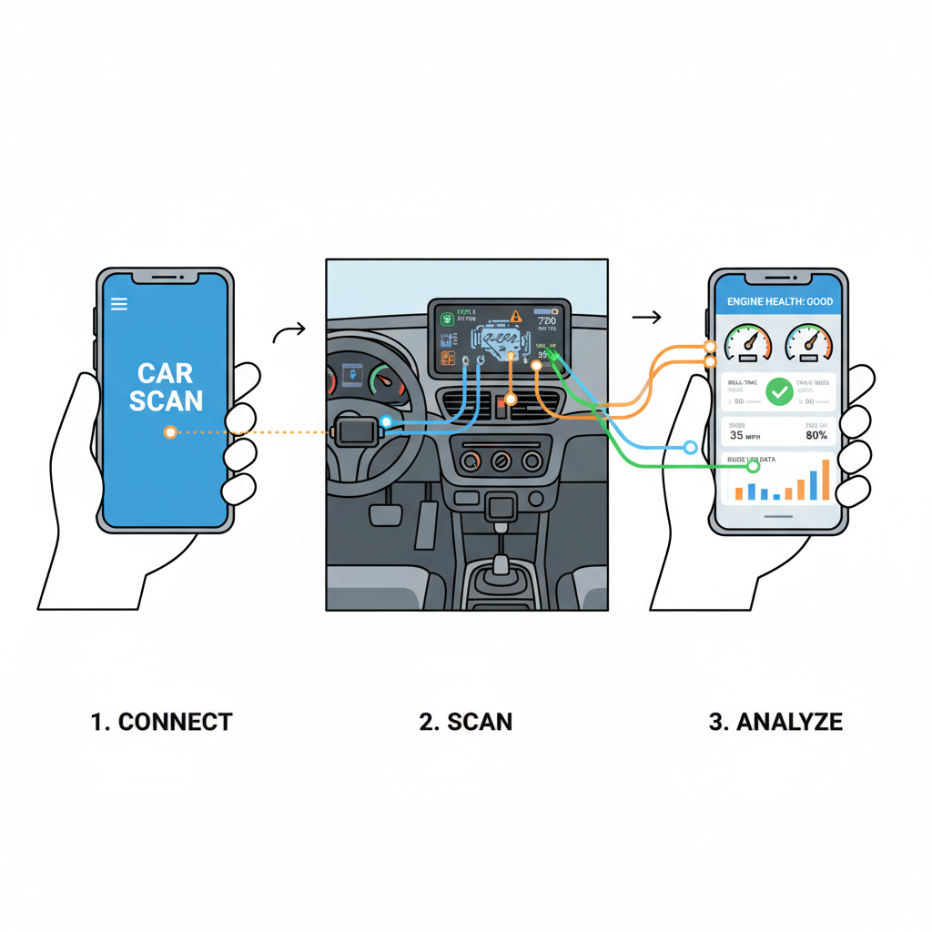 smartphone app scanning car OBD device, vehicle dashboard integration, data flow visualization