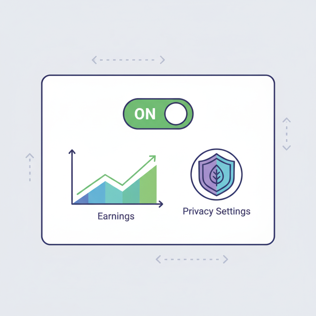 dashboard screen showing data sharing toggle on, earnings graph rising, privacy shield icon