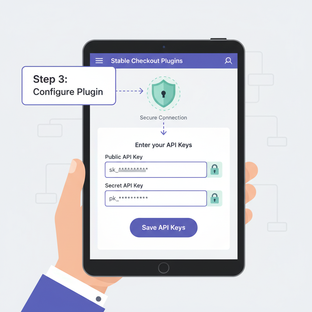 Shopify admin app settings page entering API keys for Stable Checkout Plugins, secure padlock icon