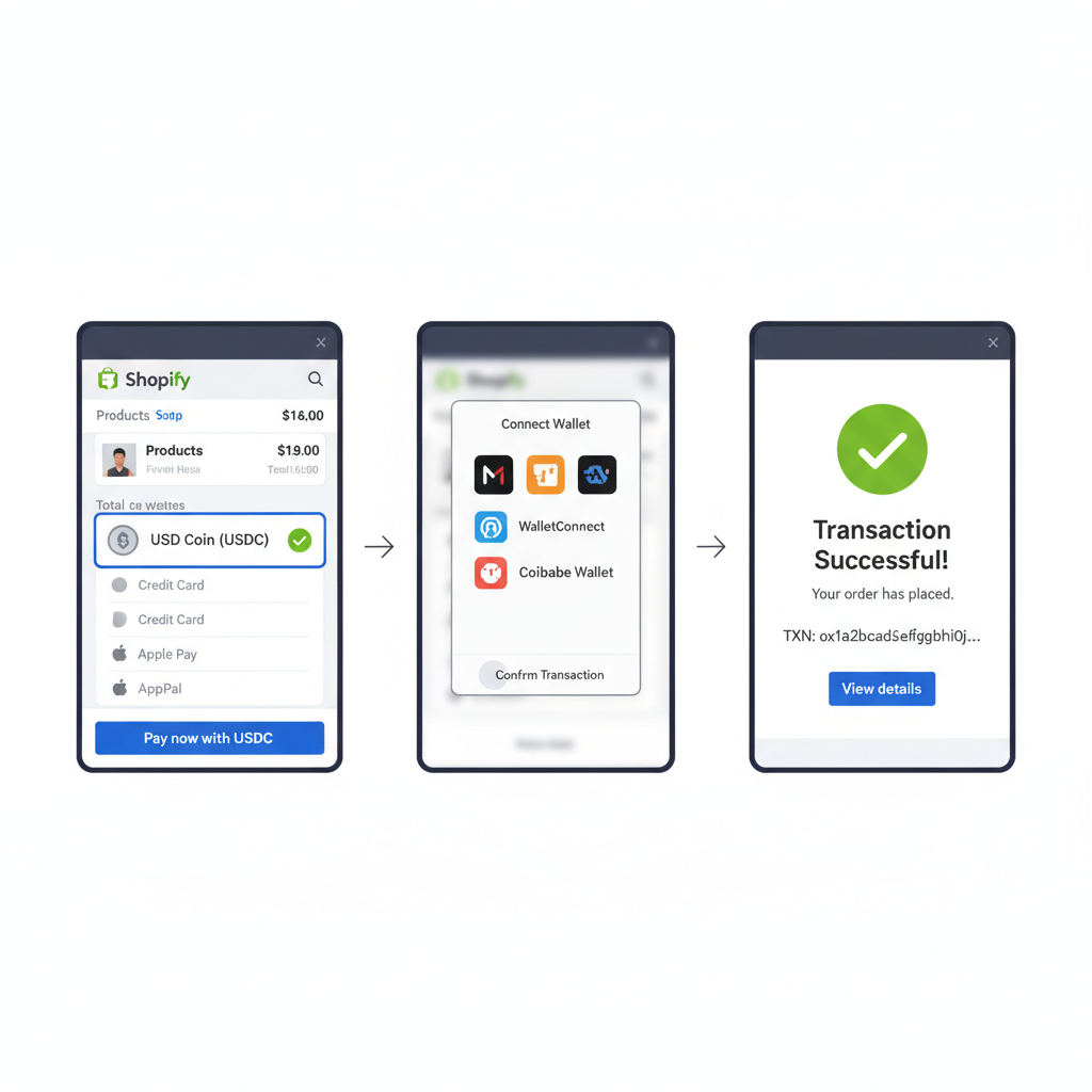 Shopify checkout screen selecting USDC payment, test transaction success popup