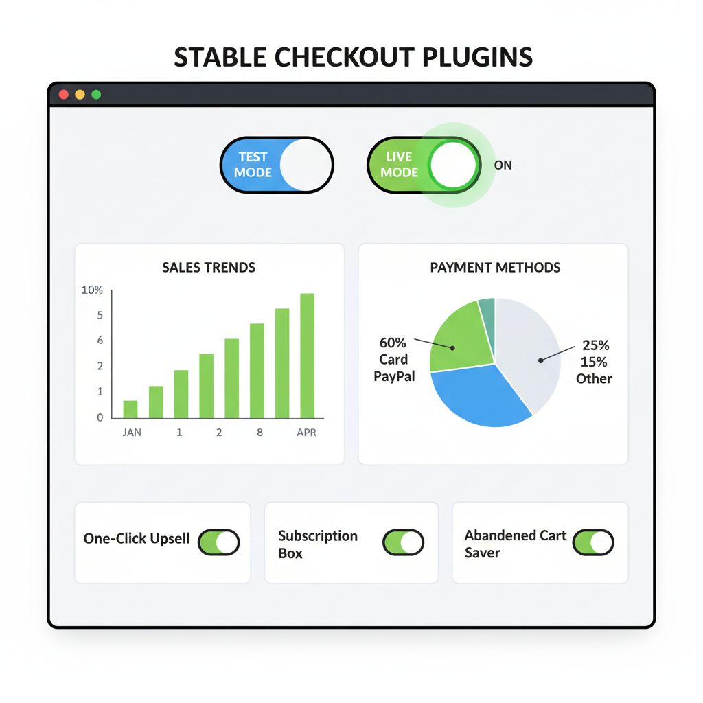 Stable Checkout Plugins dashboard toggling to live mode, green activation button, analytics charts
