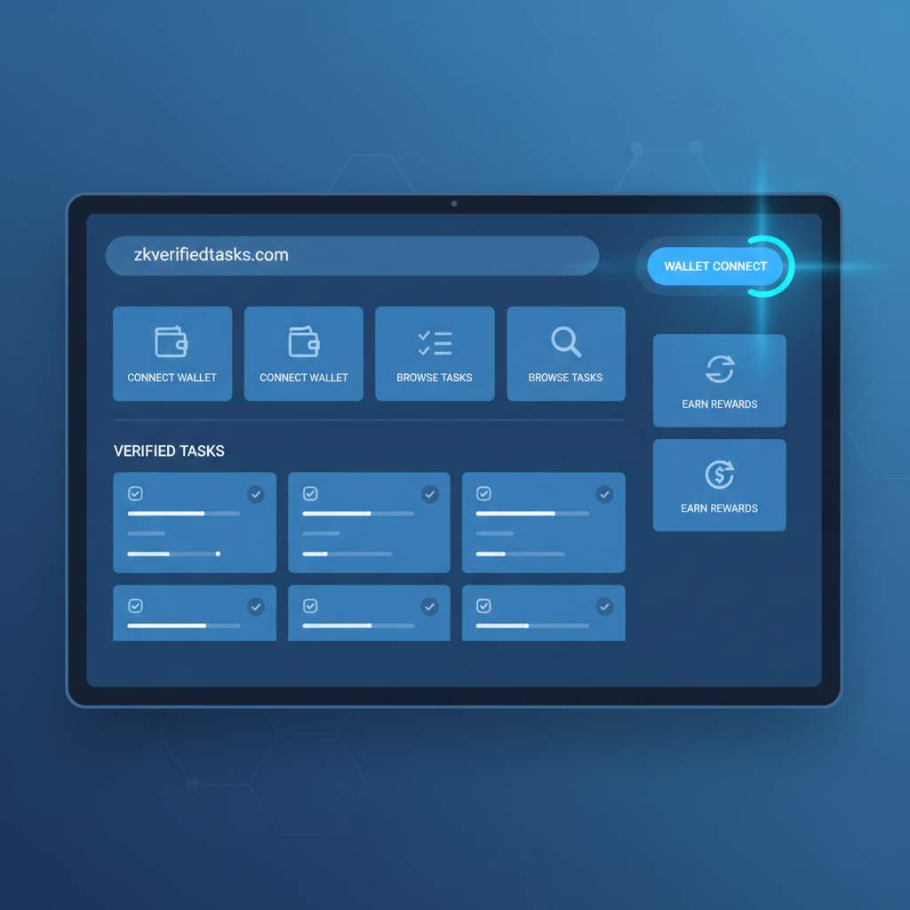 sleek web3 dashboard on zkverifiedtasks.com, wallet connect button glowing, futuristic UI, professional blue tones