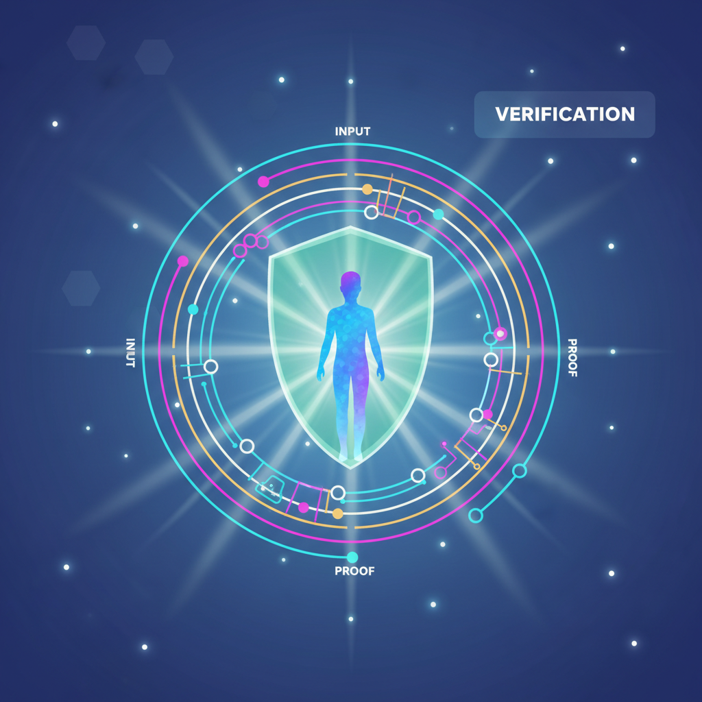 abstract ZK proof generation, glowing human silhouette with privacy shield, zero-knowledge circuits, ethereal digital art