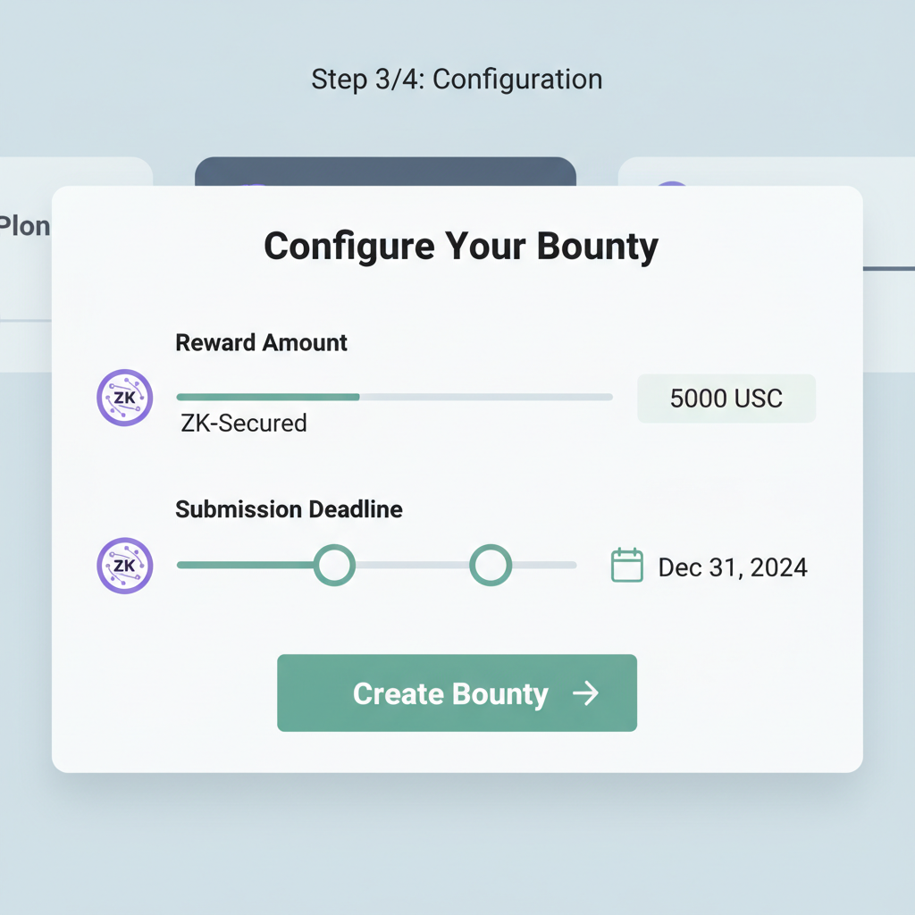 bounty configuration form, sliders for reward and deadline, ZK icons, clean dashboard UI