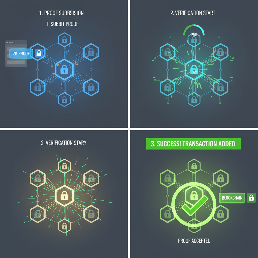 ZK proof submission animation, blockchain nodes verifying, success checkmark, high-tech verification flow