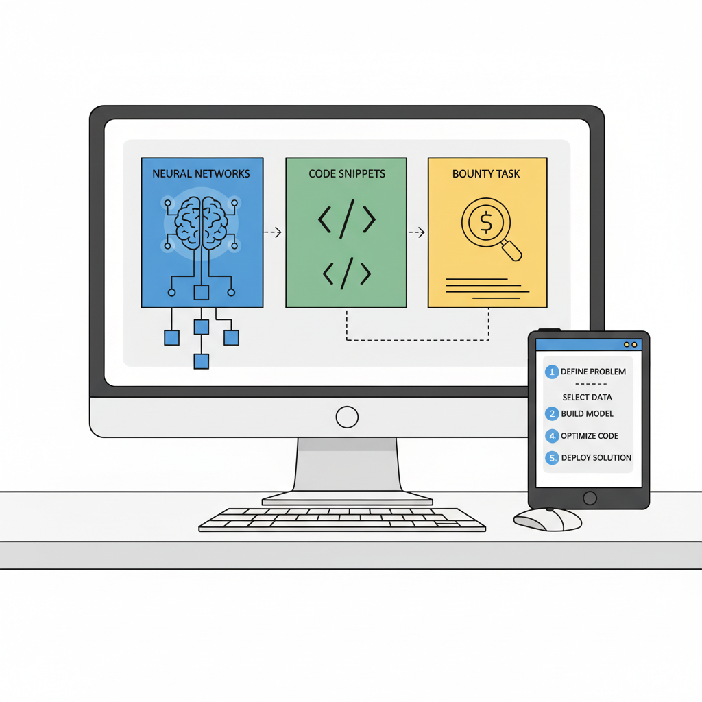 AI interface brainstorming bounty task, neural networks and code snippets, professional tech workspace