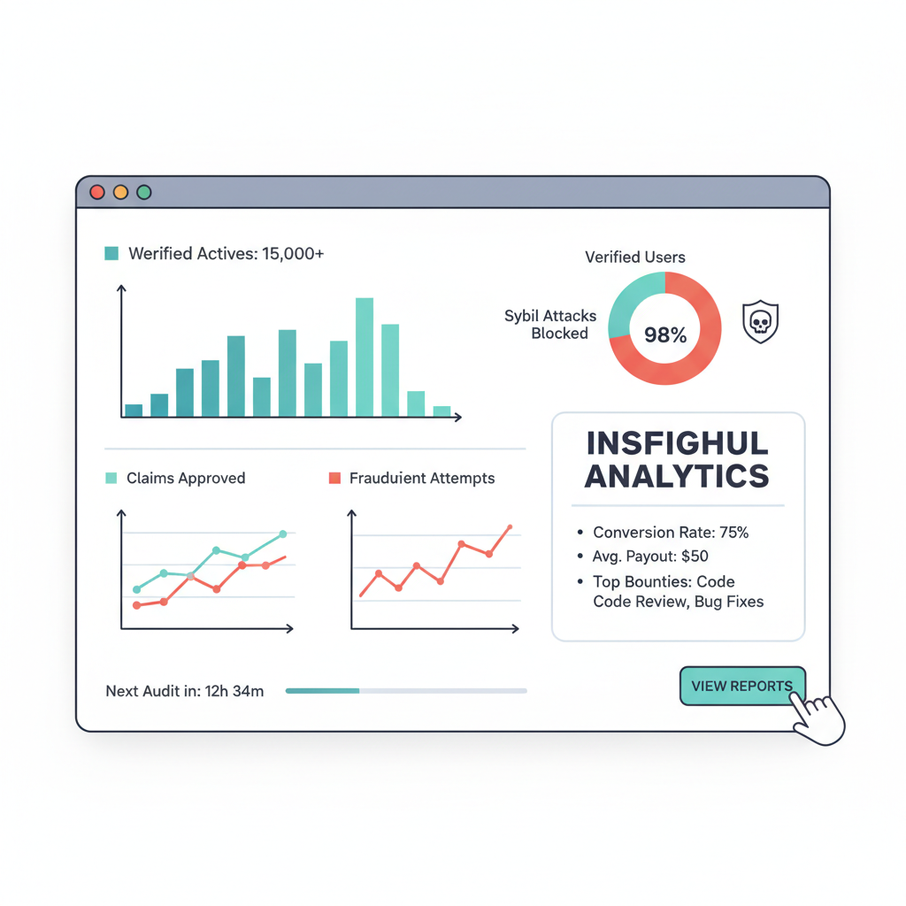 dashboard monitoring bounty claims, graphs of verified users, Sybil attacks blocked, insightful analytics