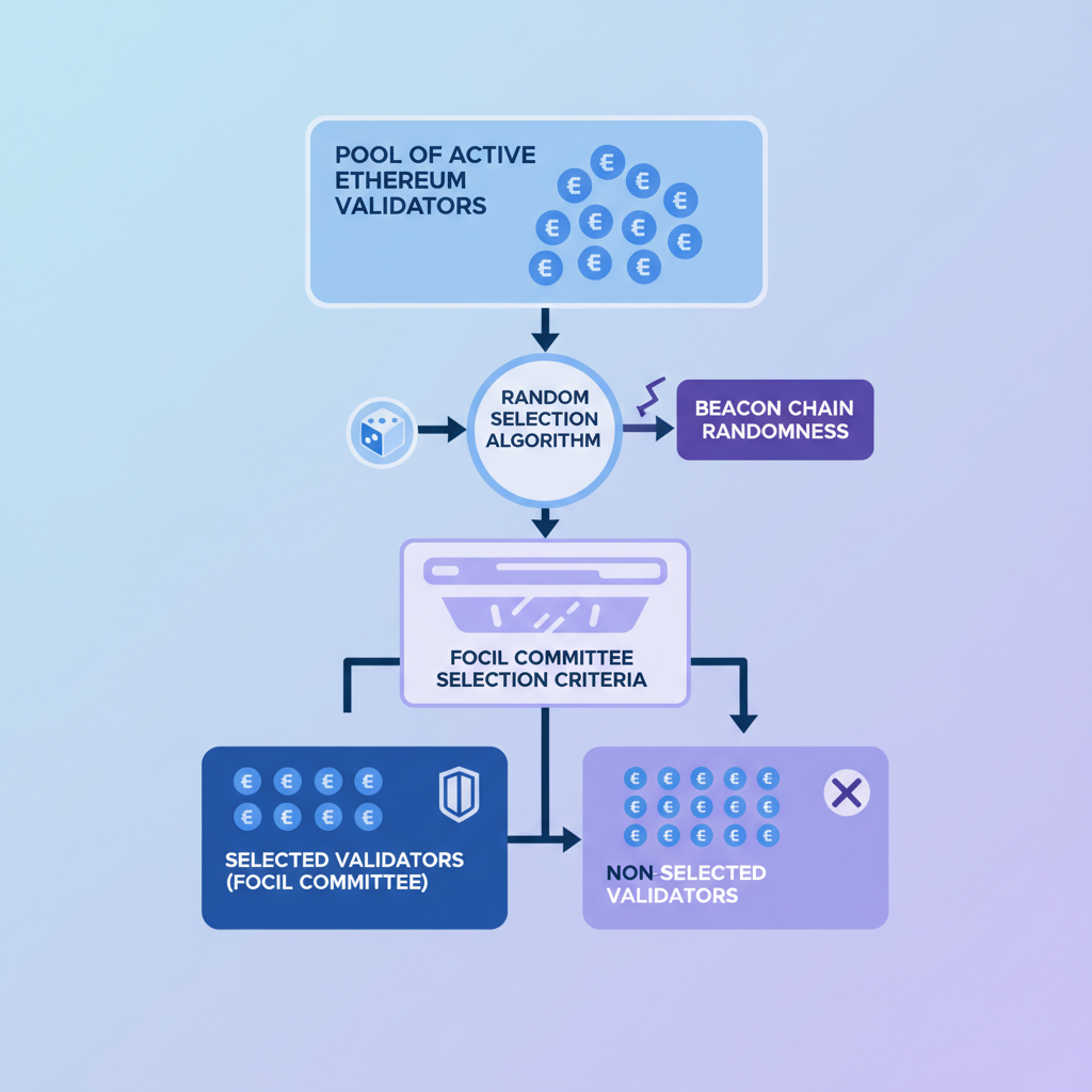 ethereum validators randomly selected for focil committee, abstract diagram, blue purple tones, technical flowchart