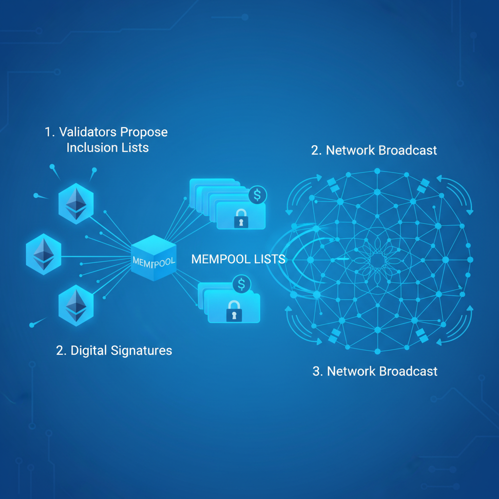 ethereum validators proposing inclusion lists from mempool, digital signatures, network broadcast visualization, cyber blue