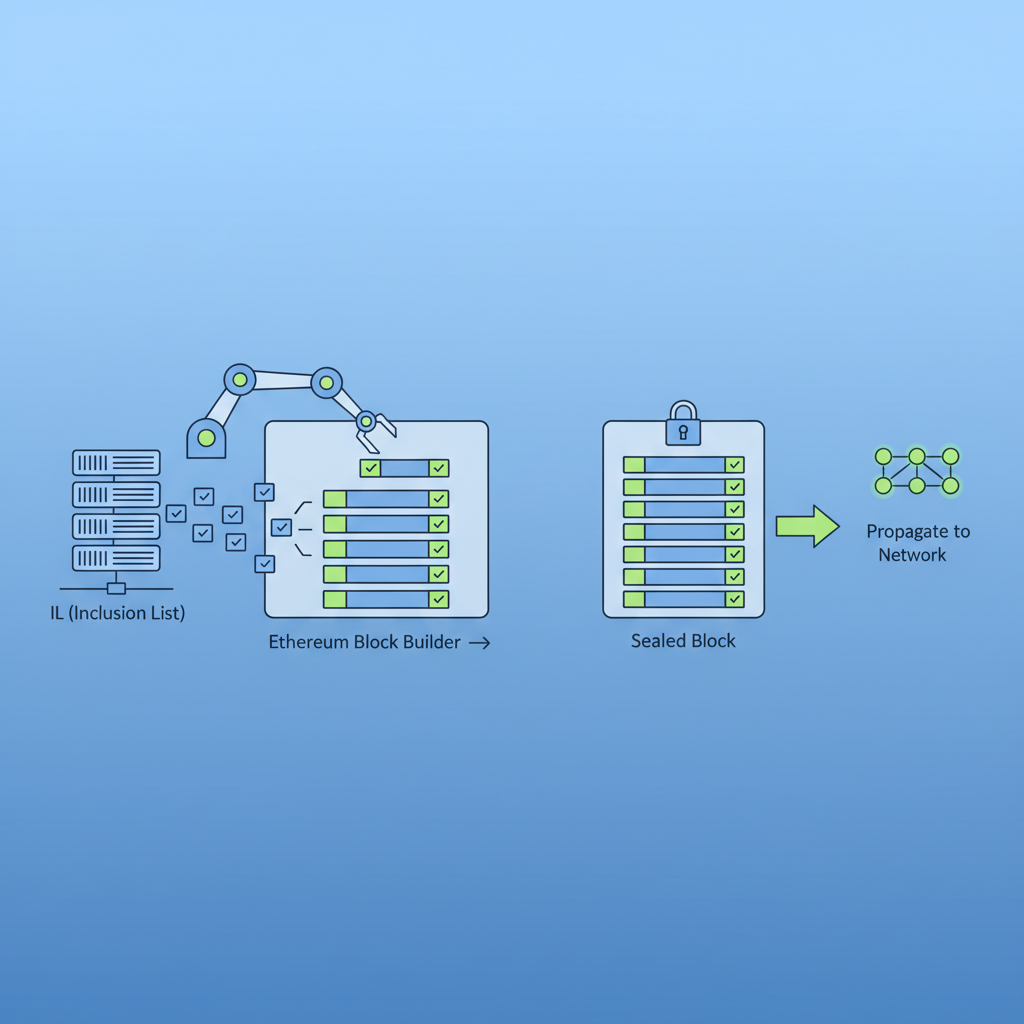 ethereum block builder adding transactions from IL, block construction diagram, stacked txs, green checkmarks, tech style