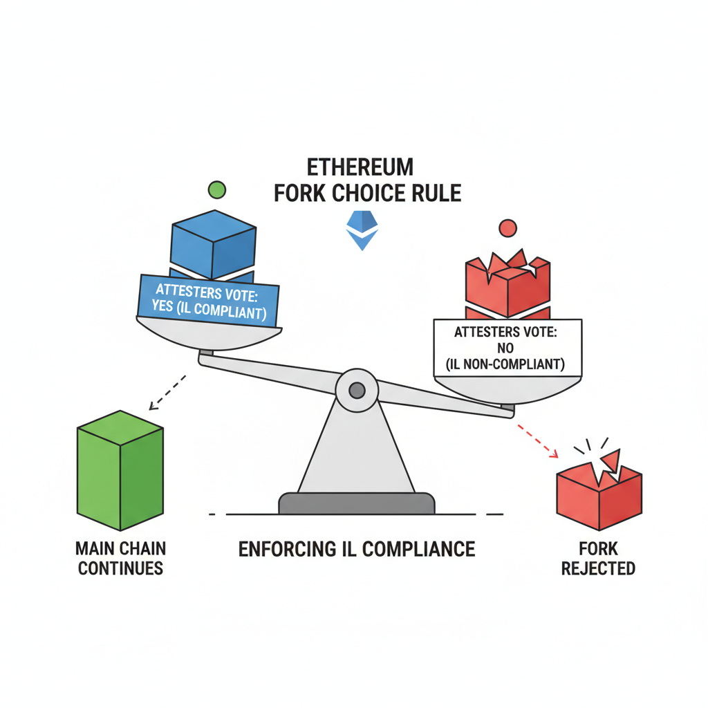 ethereum fork choice rule enforcing IL compliance, attesters voting yes/no, balance scale diagram, red green signals