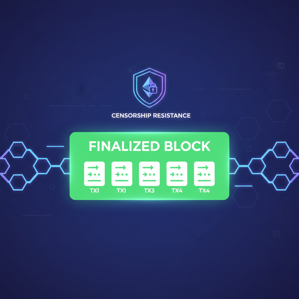 ethereum chain finality with included transactions, green finalized block, censorship resistance shield, futuristic glow