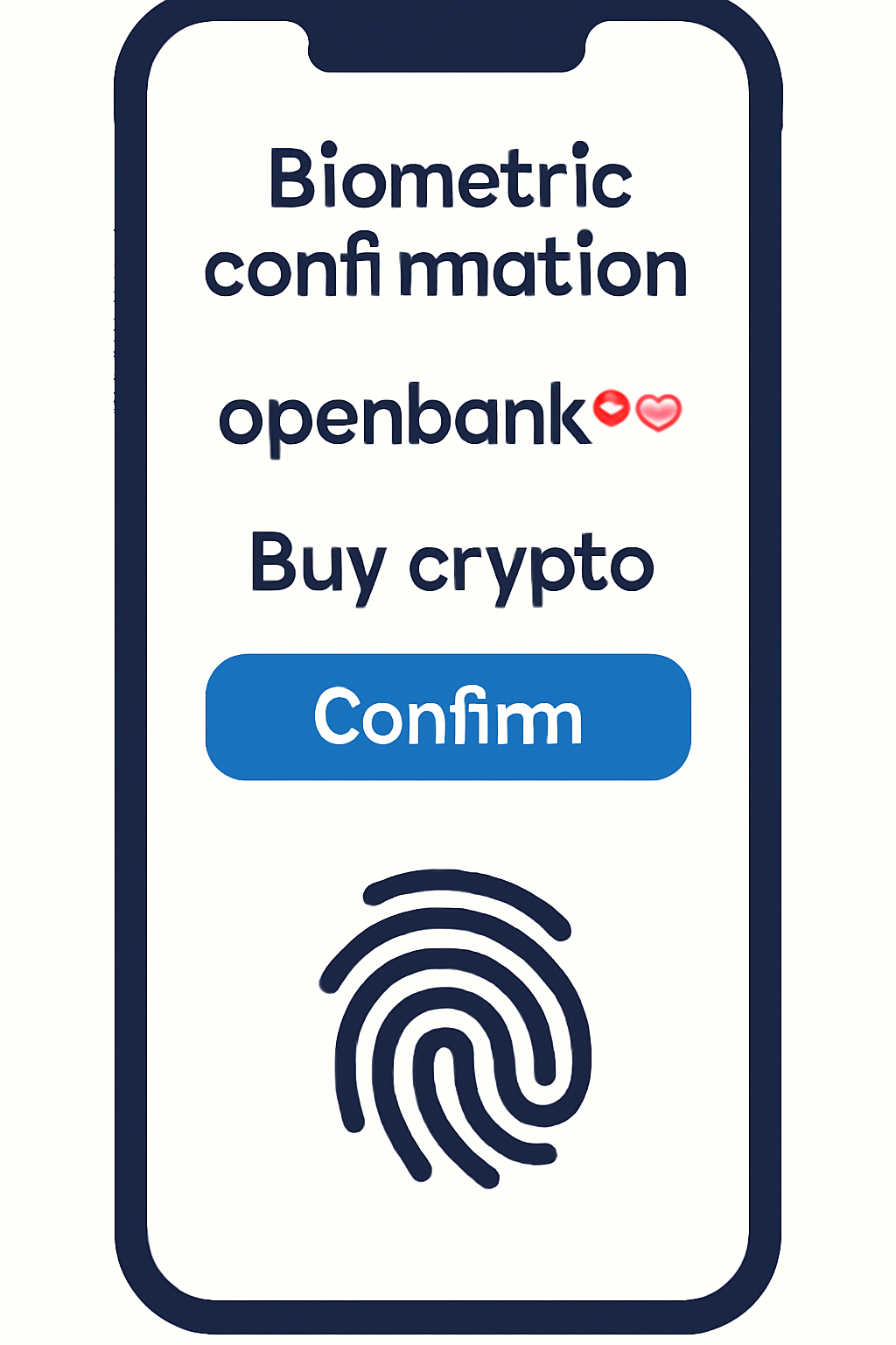 Smartphone screen with biometric fingerprint confirmation for Openbank crypto buy