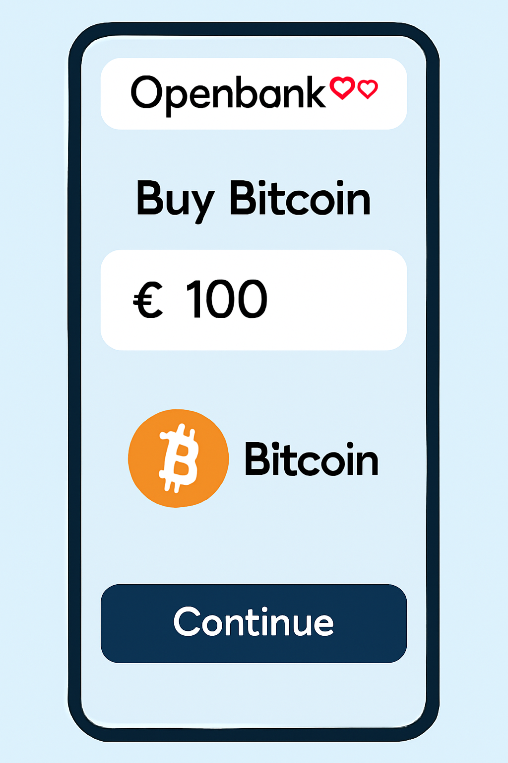 Openbank app interface with EUR amount entry field for Bitcoin purchase