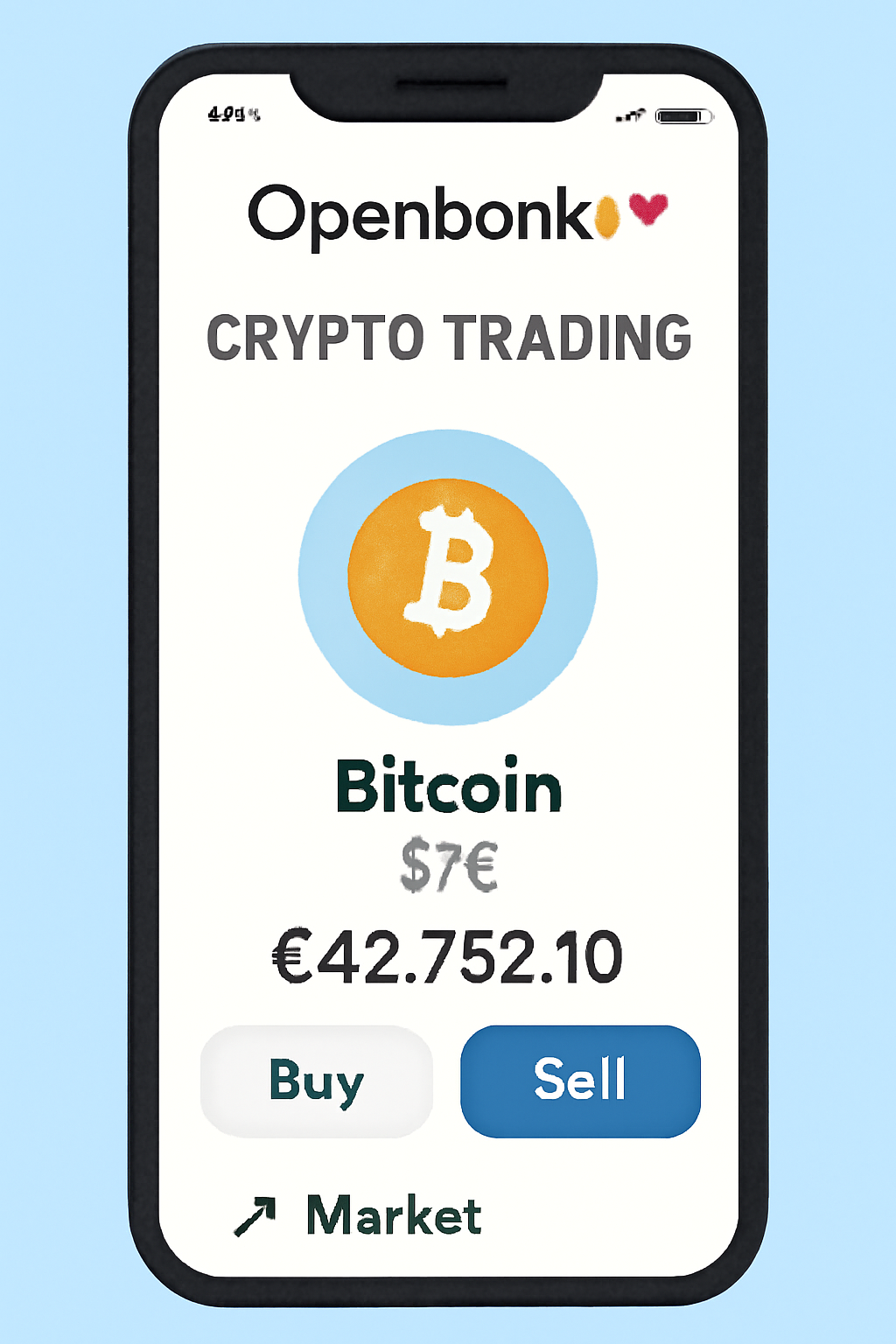 Openbank mobile app screen showing crypto trading section with Bitcoin BTC selected