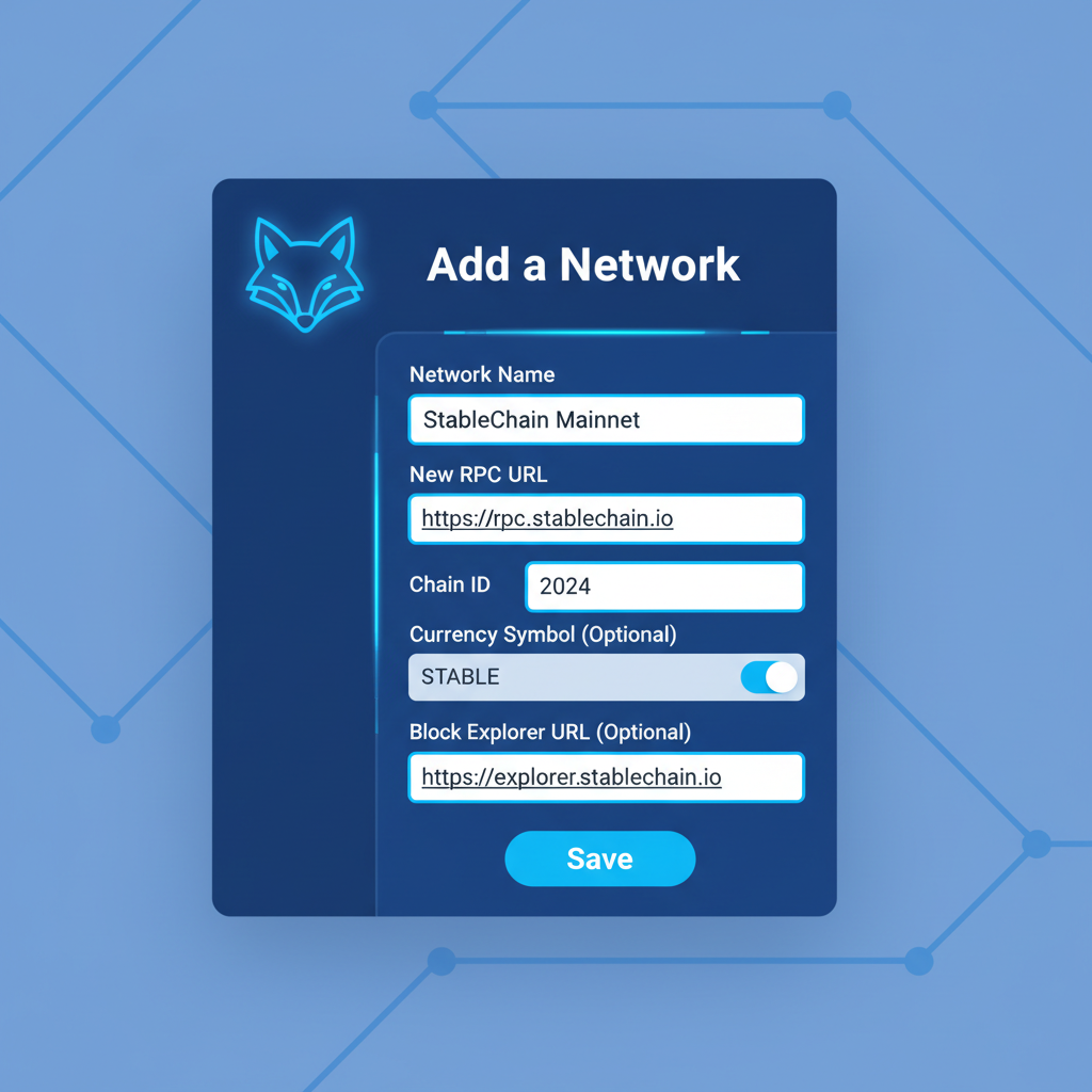 MetaMask wallet interface adding custom RPC network for StableChain blockchain, clean UI, futuristic blue tones