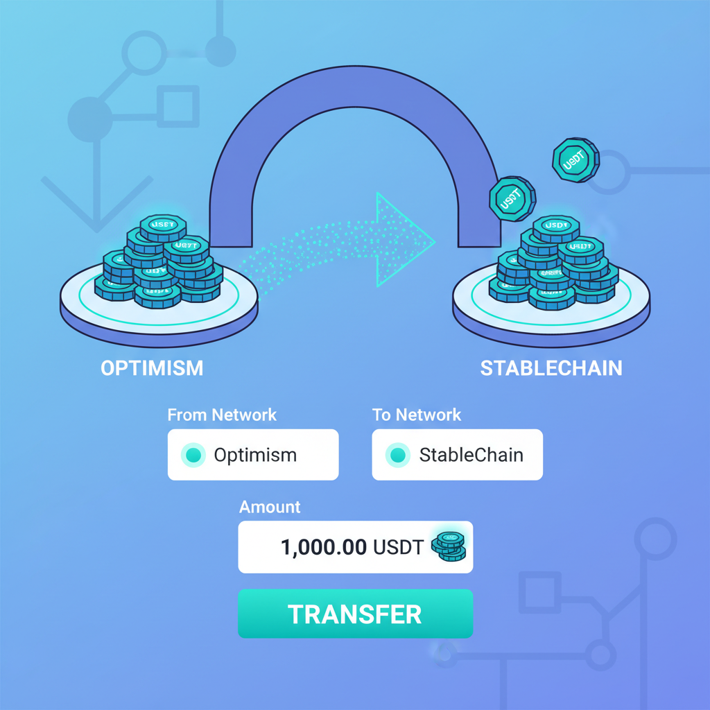 Blockchain bridge interface transferring USDT from Optimism to StableChain, glowing tokens, simple dashboard
