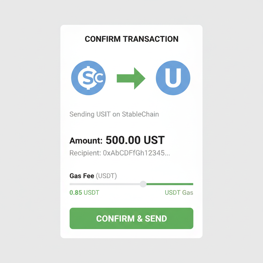 Wallet transaction screen approving and sending USDT on StableChain, USDT gas indicator, green confirm button