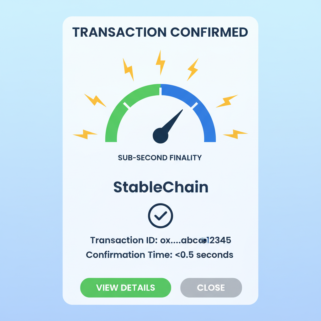 Blockchain transaction confirmation screen showing sub-second finality on StableChain, speedometer graphic, lightning effects