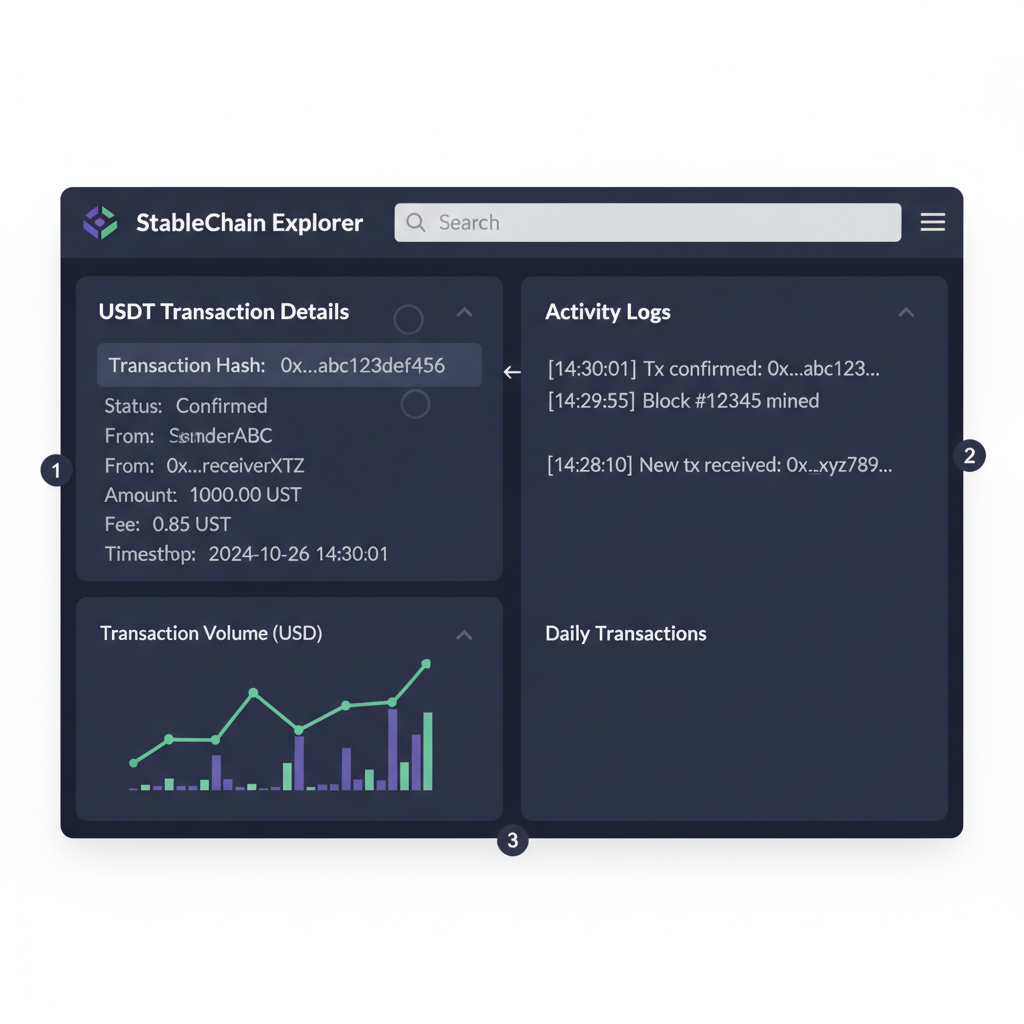 Blockchain explorer dashboard displaying USDT transaction details on StableChain, charts and logs, dark mode