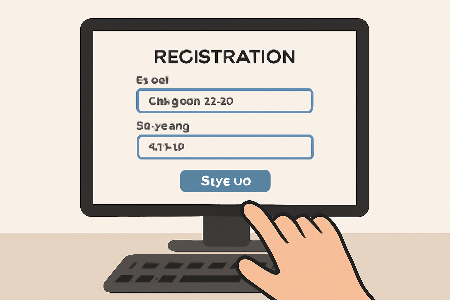 A computer screen showing a registration form with fields for email and password, a hand typing, simple and clear interface