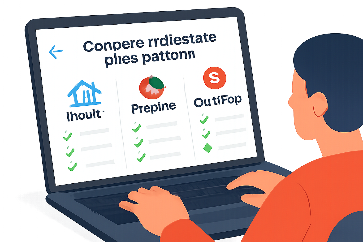 A person comparing different real estate token platforms on a laptop, with logos of RealT, Proptee, and OwnProp visible, modern interface, bright colors