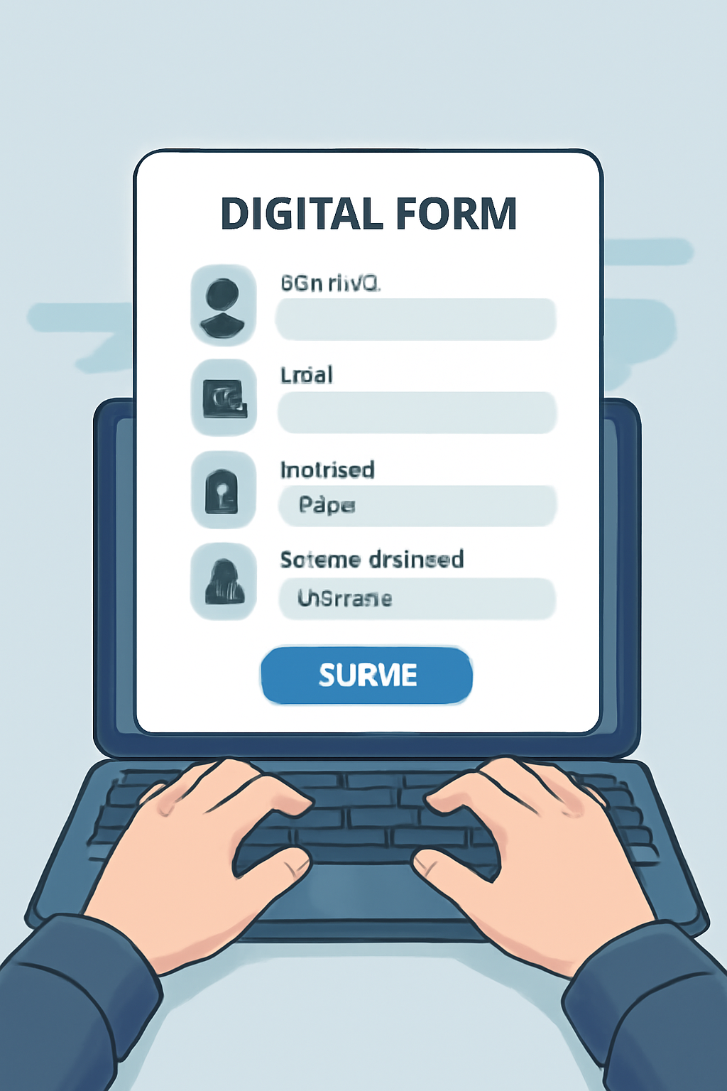 A digital form being filled out with personal information fields, user typing on a laptop, clean and professional look