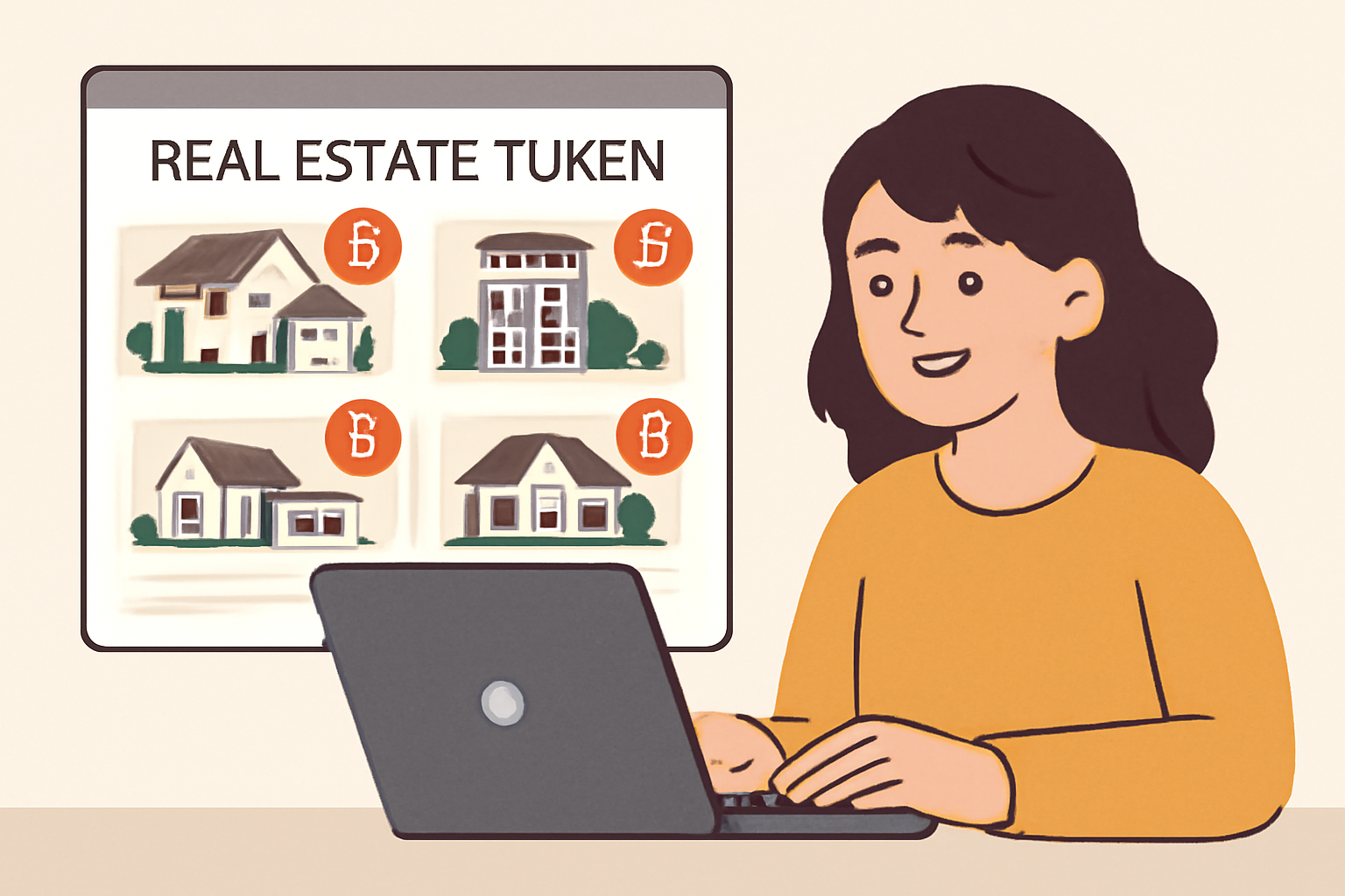 A user happily browsing property listings on a real estate token platform, images of properties and token icons, modern and inviting interface