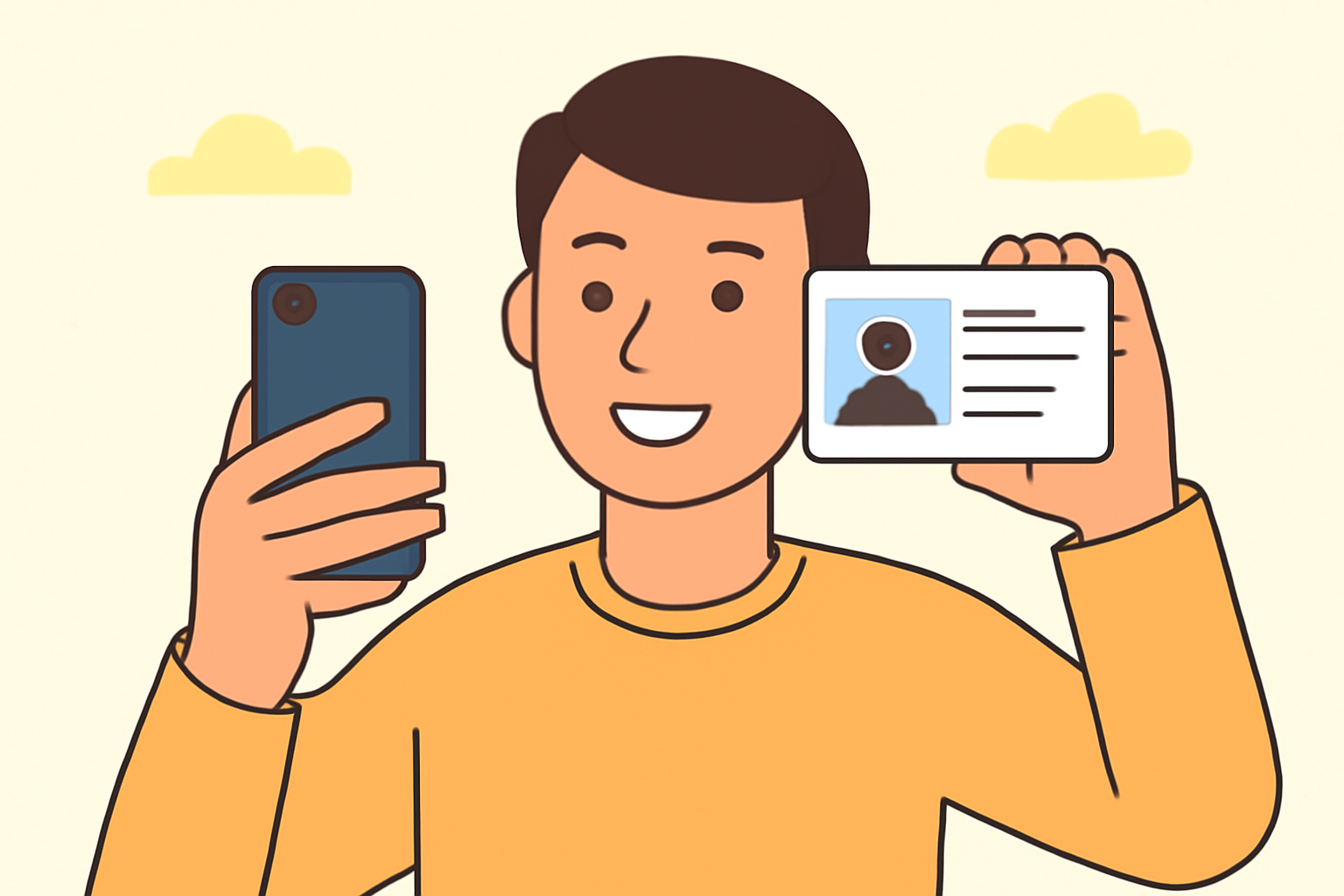 A person taking a selfie with a smartphone, holding their ID next to their face, bright and friendly setting