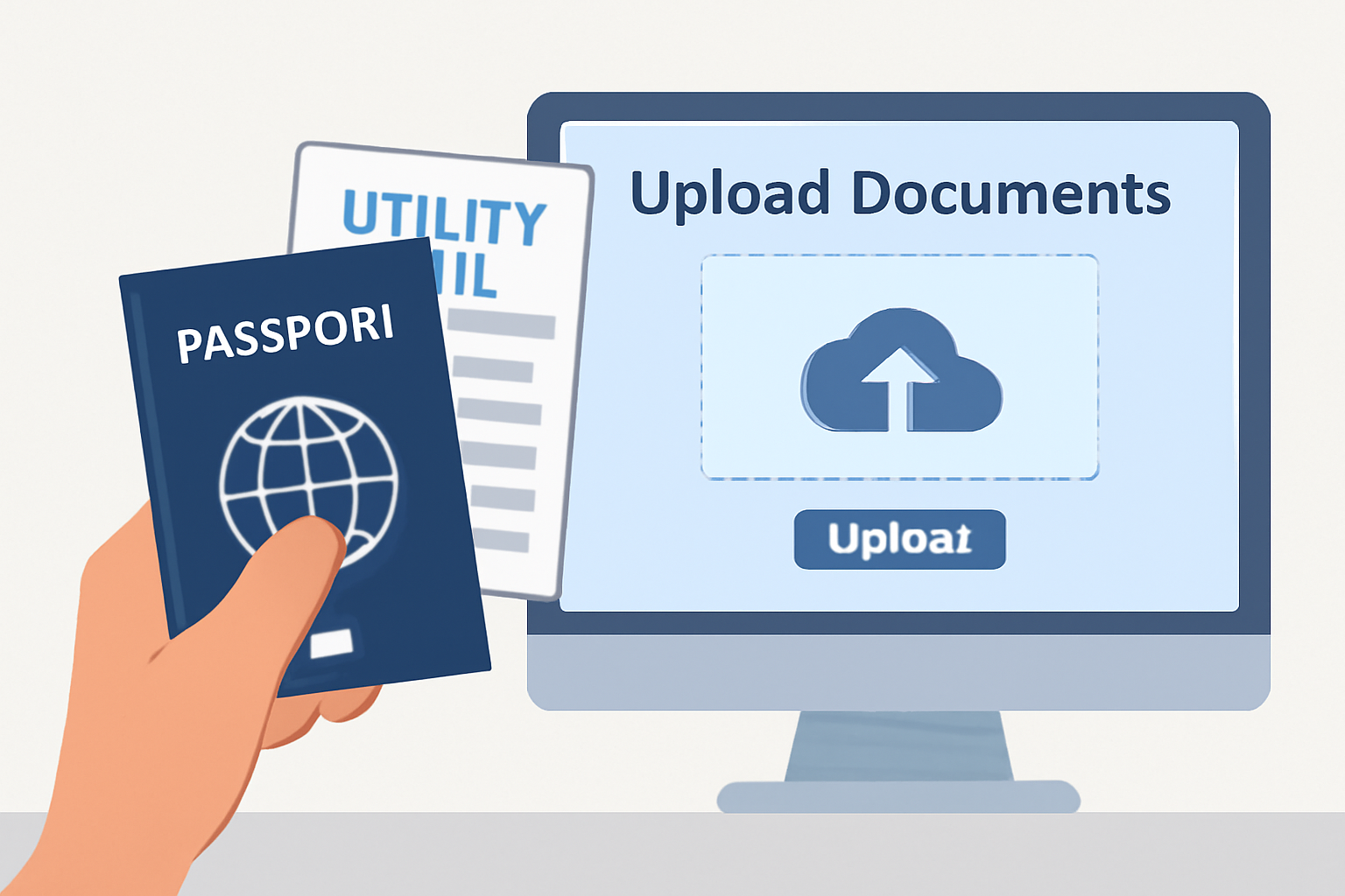 A hand holding a passport and a utility bill in front of a computer uploading documents, clear and secure interface